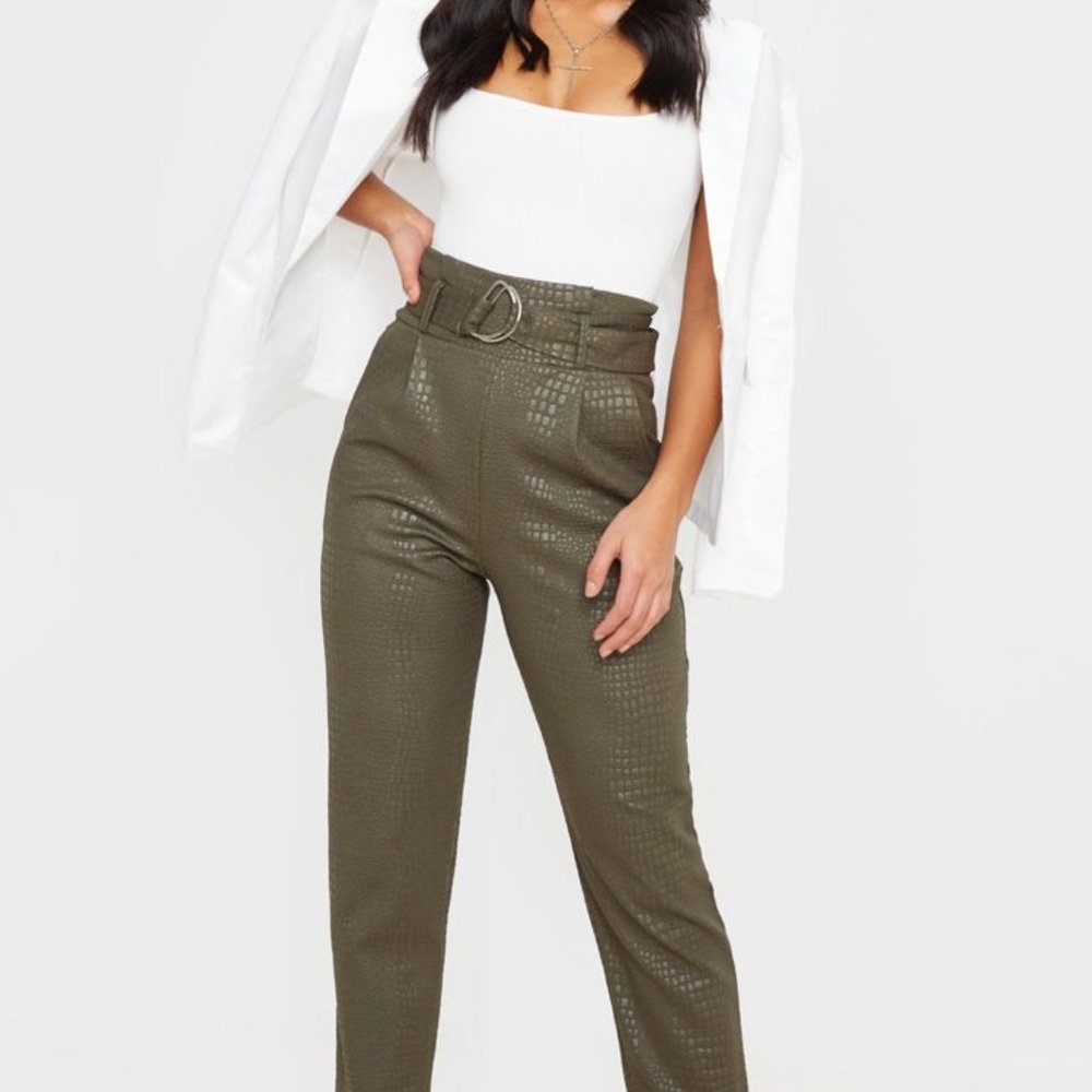 Petite Khaki Croc Print D Ring Belted Skinny Pants